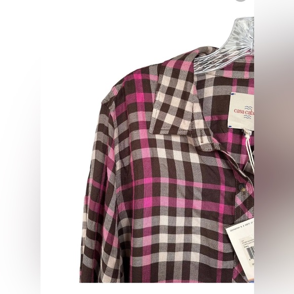 NWT Casa Cabana Plaid Oversized Flannel Button Down Size XS Brown Raspberry - Picture 4 of 6